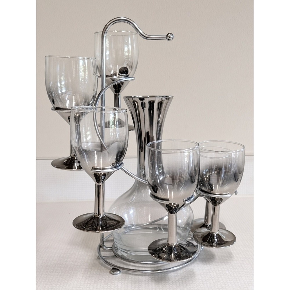 MCM Lusterware Silver Fade Decanter and Glasses Set with Chrome Caddy 1950s